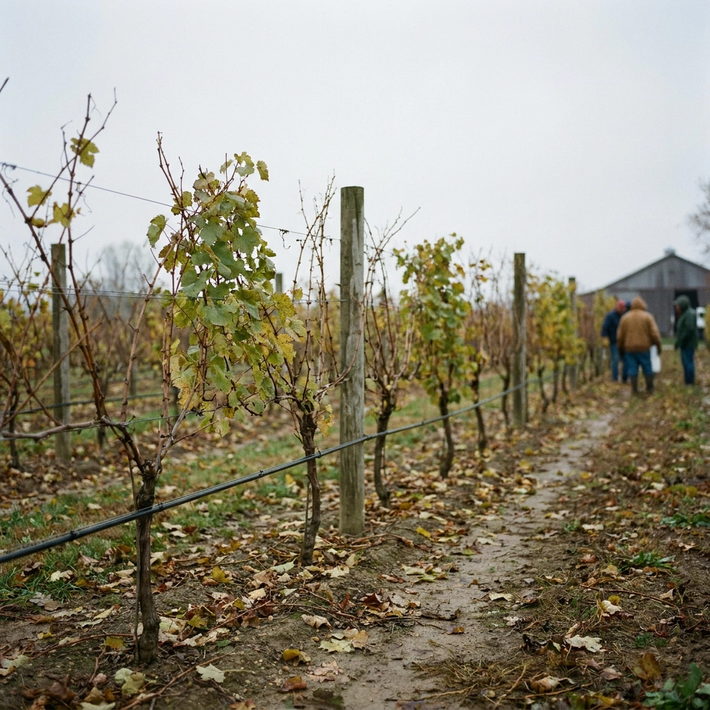 Cold-climate vineyard rows with grapevines trained on wire trellis system in late autumn
