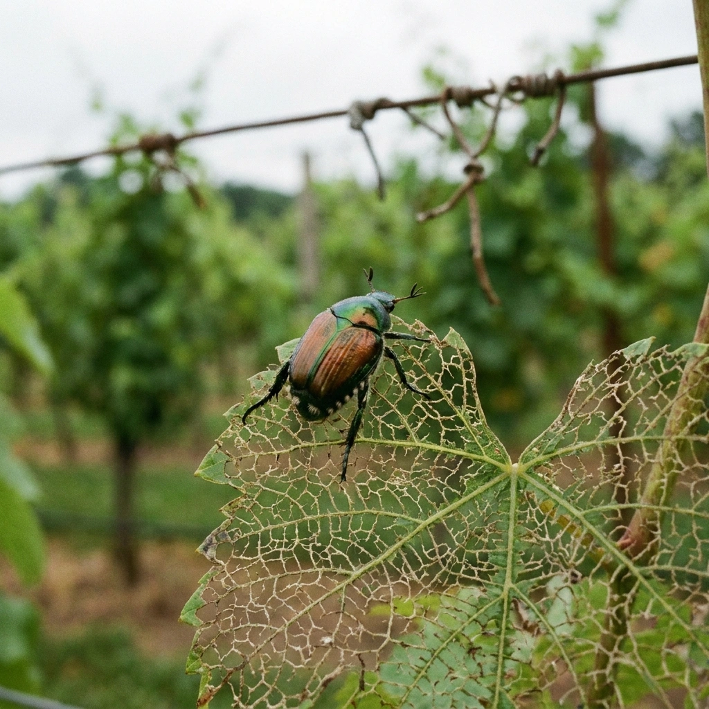 Japanese beetle on skeletonized grape leaf in a backyard vineyard showing lace-like feeding damage