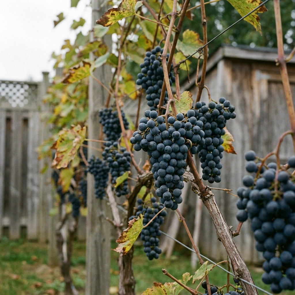Marechal Foch dark blue-black grape clusters ripening on a backyard trellis in a cold-climate vineyard