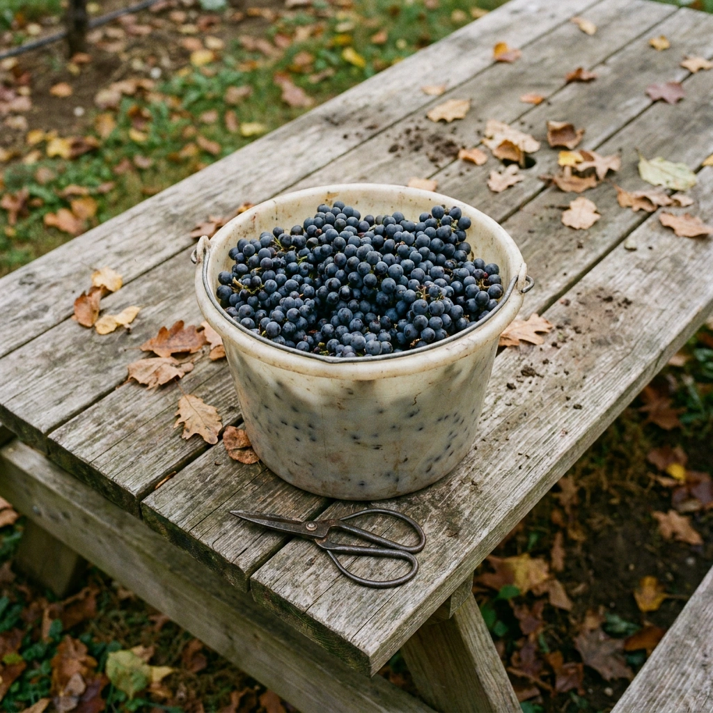 Freshly harvested Marechal Foch grapes in a ceramic harvest bucket on a wooden bench in an autumn backyard vineyard