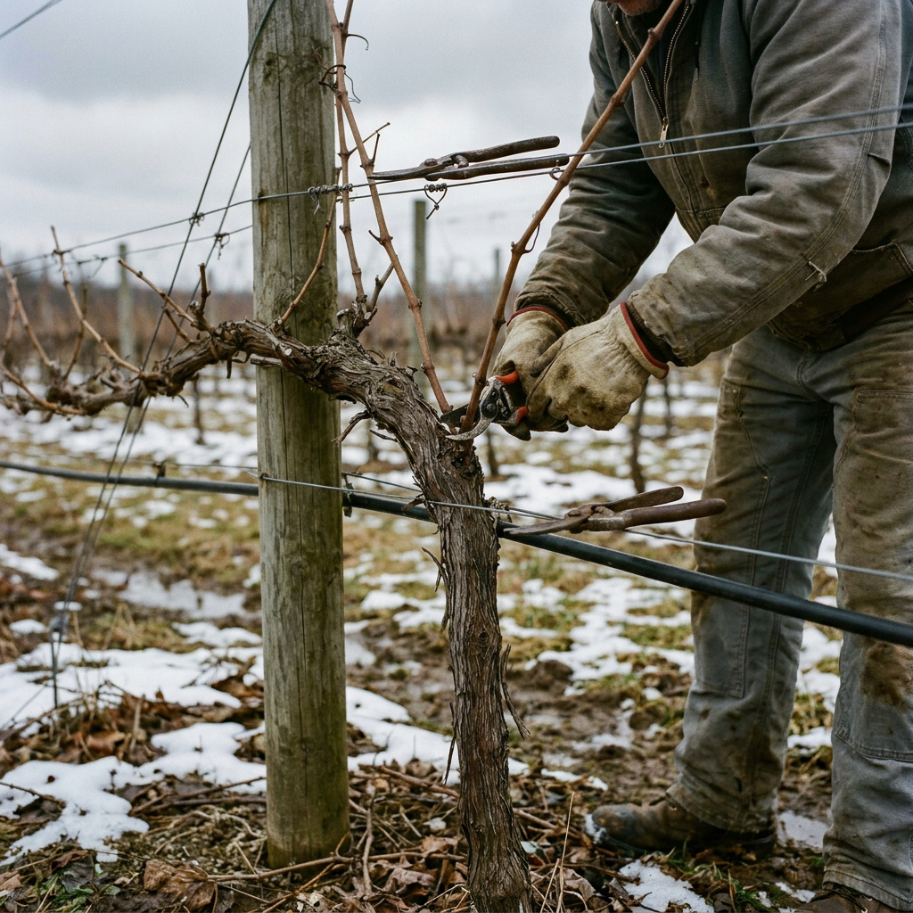 Pruning dormant Marquette grapevines on a trellis in late winter with snow on the ground