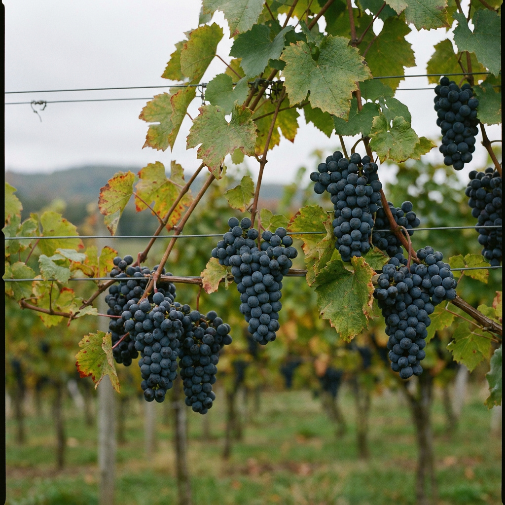 Dark blue-black Marquette wine grape clusters hanging on a trellised vine in a cool-climate vineyard under overcast autumn skies