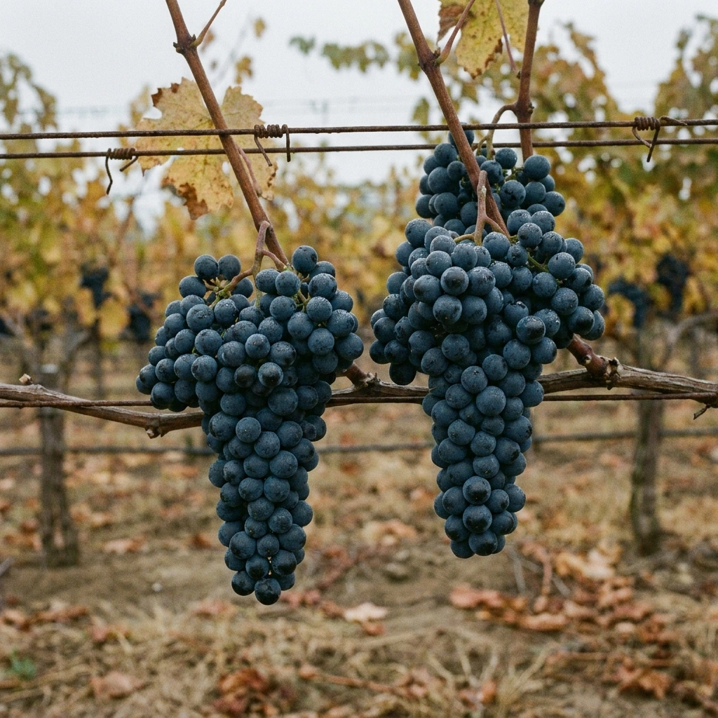 Marquette vs Frontenac: Which Cold-Hardy Red Wine Grape Should You Grow? 2 Two clusters of dark blue-black cold-hardy wine grapes side by side on a vineyard trellis in autumn — Marquette and Frontenac comparison