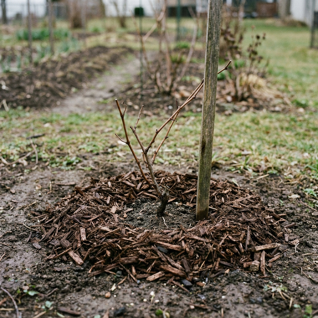 Newly planted young grapevine with wood chip mulch ring around the base in a backyard garden row