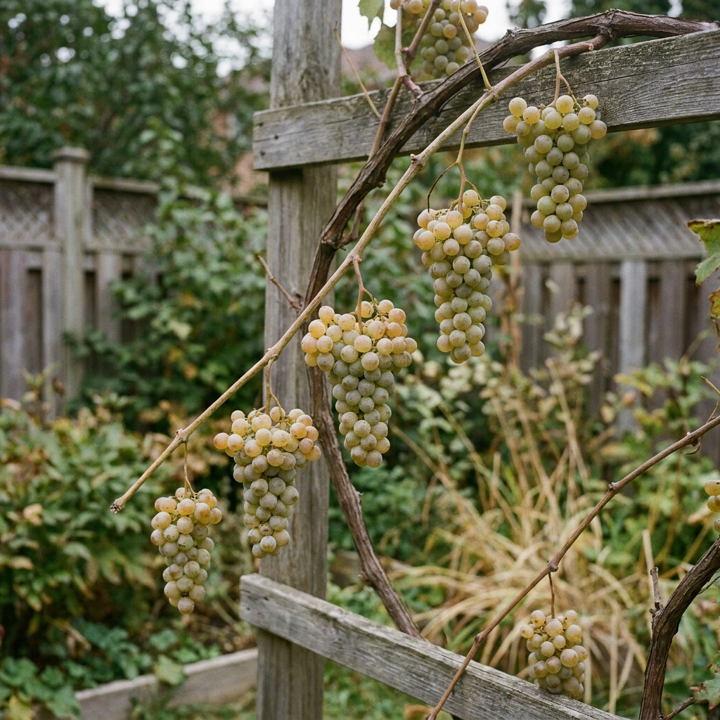 Pale golden-green Niagara grape clusters hanging on a backyard wooden trellis in late summer