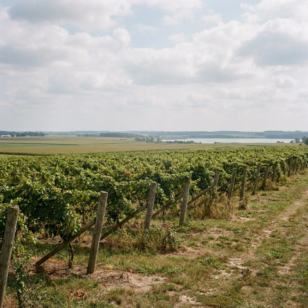 Growing Wine Grapes in Ohio: Varieties, Zones, and the Lake Erie Advantage 3 Rows of trellised grapevines in a Lake Erie region vineyard, Ohio, with the lake visible in the background under a partly cloudy sky