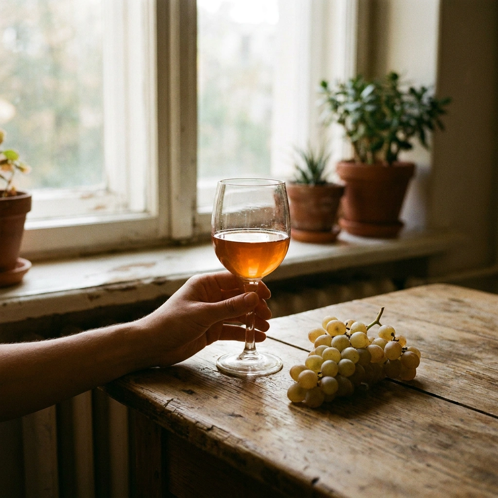 What Is Orange Wine? How It's Made and Why Cold-Climate Grapes Excel 2 A glass of amber orange wine held to natural window light beside pale green grapes on a rustic wooden table