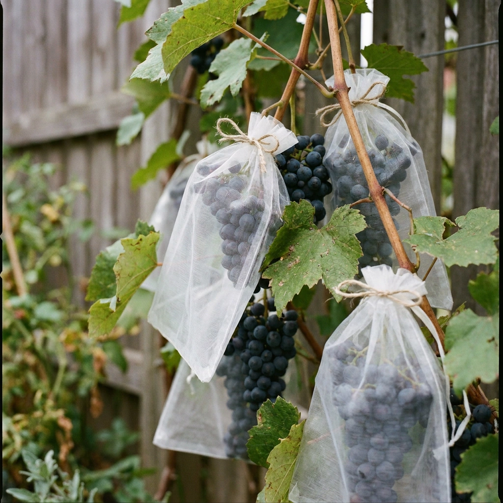 Ripe dark grape clusters in white organza mesh protection bags tied with twine, hanging on a grapevine outdoors