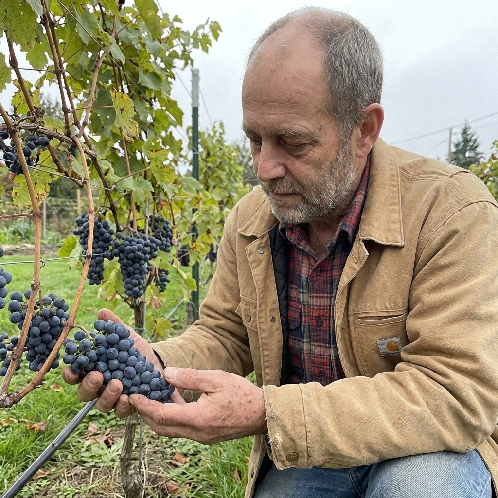 I'm Pete — and I grow grapes where it gets cold 1 Pete checking a cluster of cold-hardy grapes for ripeness