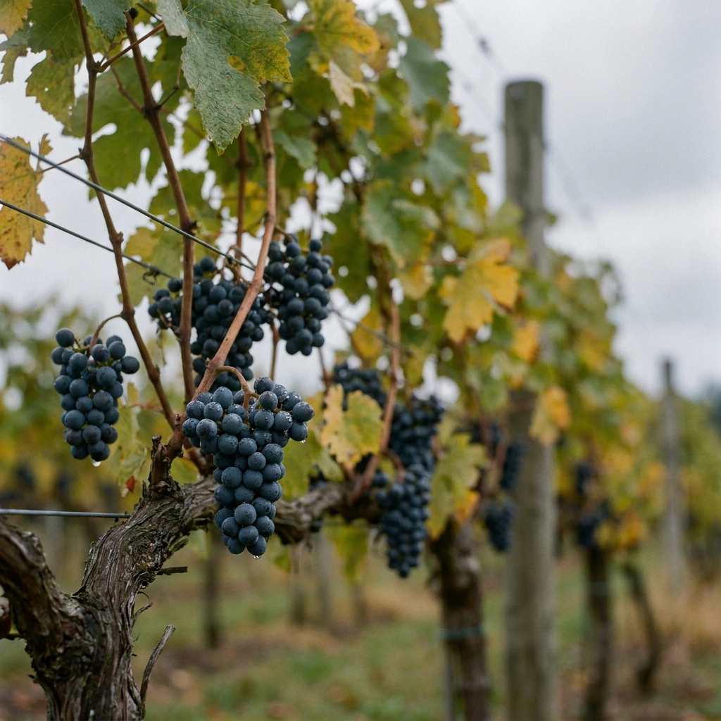 Petite Pearl Grape: Growing the Ultra-Hardy Red Wine Variety 3 Petite Pearl grape clusters on a vine in a cold-climate vineyard during autumn, showing the dark blue-black berries characteristic of this ultra-hardy red wine hybrid.