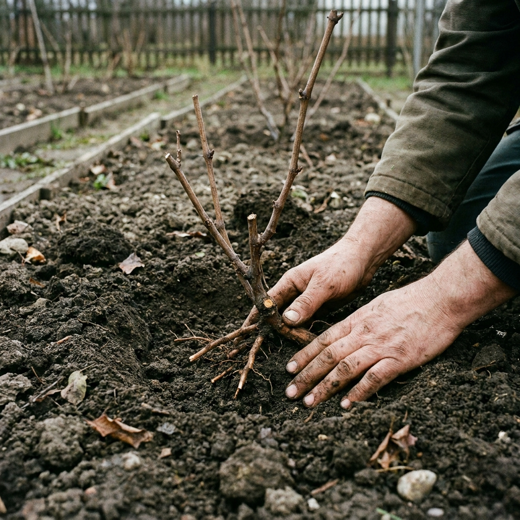 Hands planting a bare-root grapevine into freshly turned spring garden soil