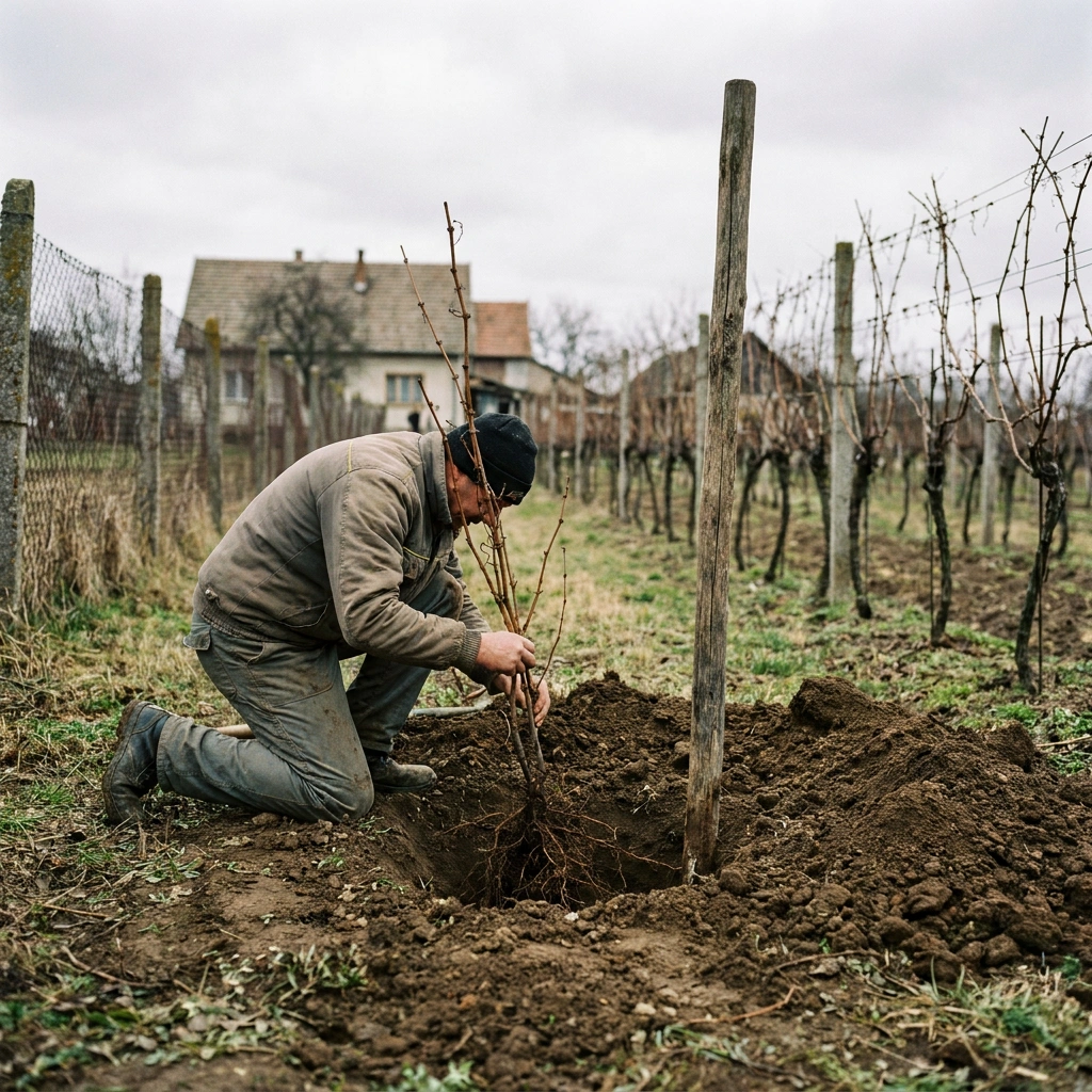 Gardener planting a bare-root cold-hardy grapevine in a backyard vineyard row