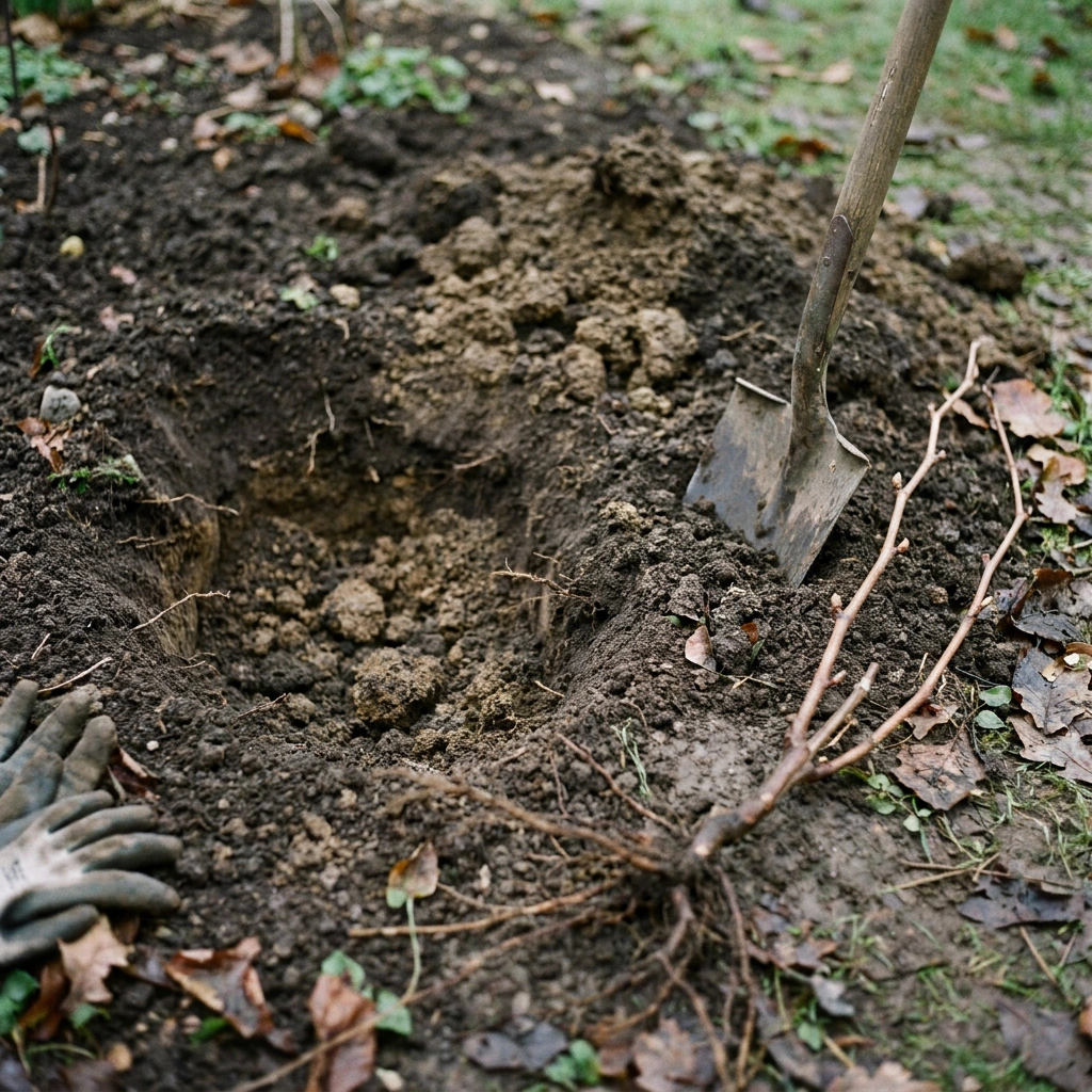 How to Prepare Soil and Plant a Grape Vine (Zone 3-6 Guide) 5 Freshly dug grapevine planting hole with amended dark soil and a spade, bare-root vine beside it ready to plant