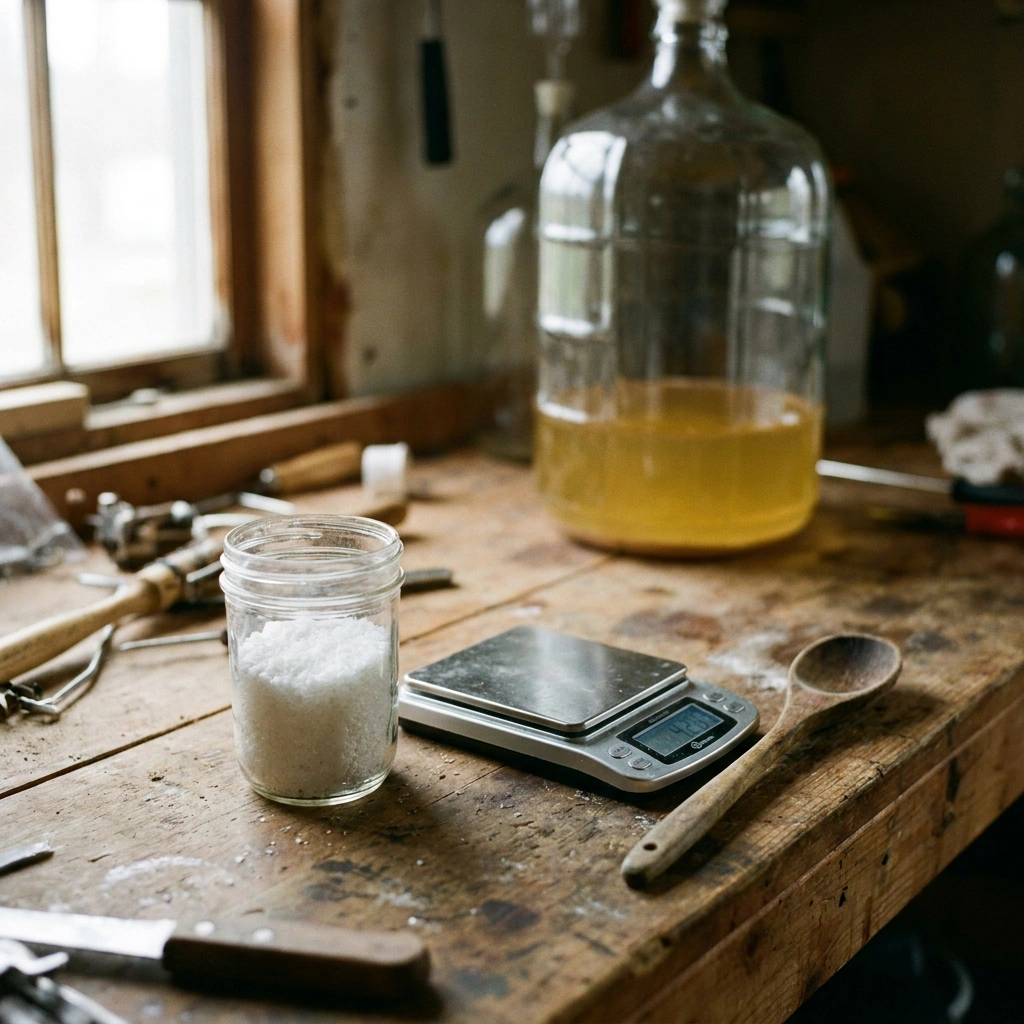 Jar of potassium metabisulfite powder on a digital scale beside a wooden spoon and carboy in a home winery setting