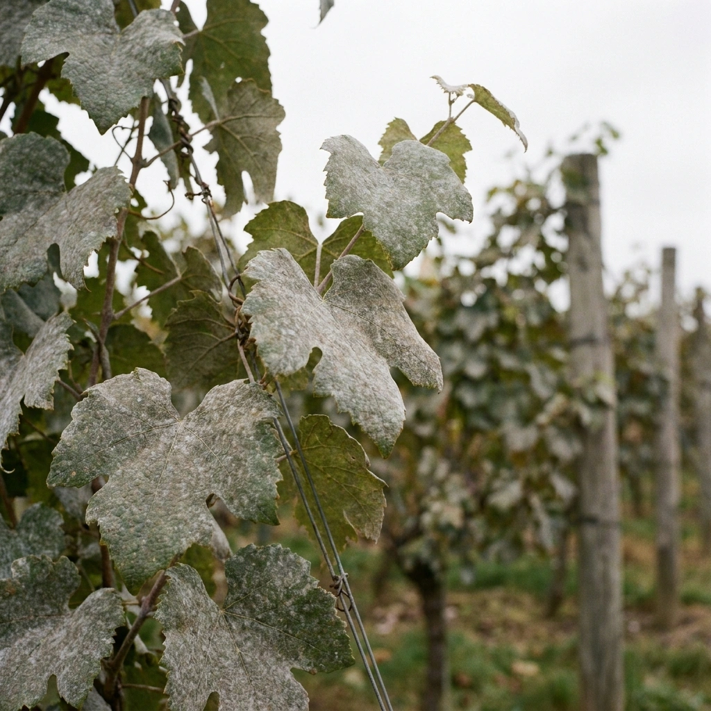 Grape vine leaves covered in white powdery mildew fungal coating in a vineyard row