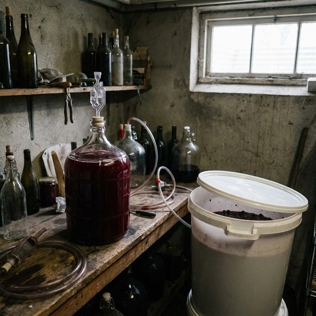 Glass carboy with airlock and fermentation bucket in a home winery basement