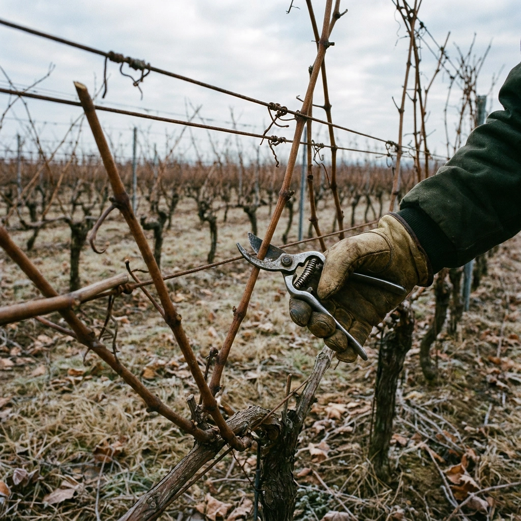 How to Prune Grape Vines: A Cold-Climate Guide 11 Pruning grape vines in late winter - gloved hand with bypass pruners on a dormant vine