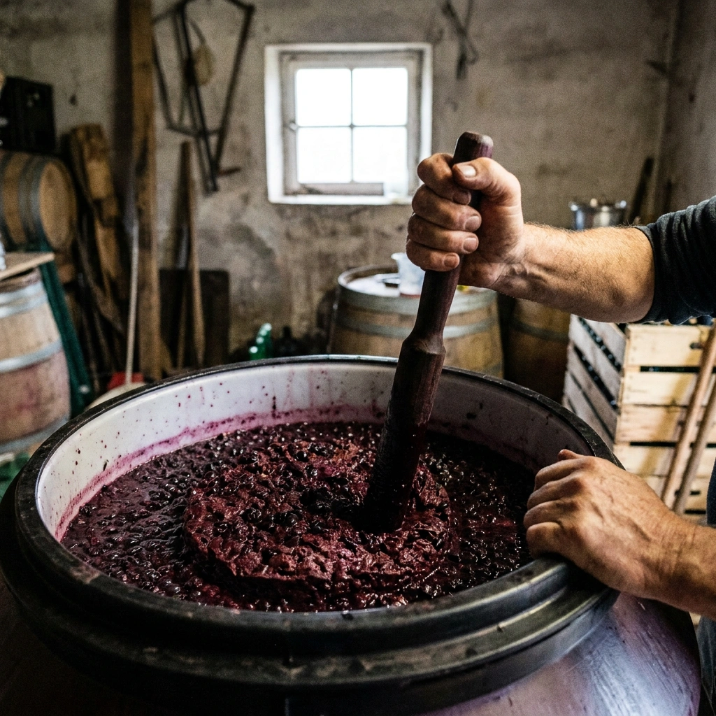 Home winemaker punching down the grape skin cap in a fermentation vessel with a wooden tool