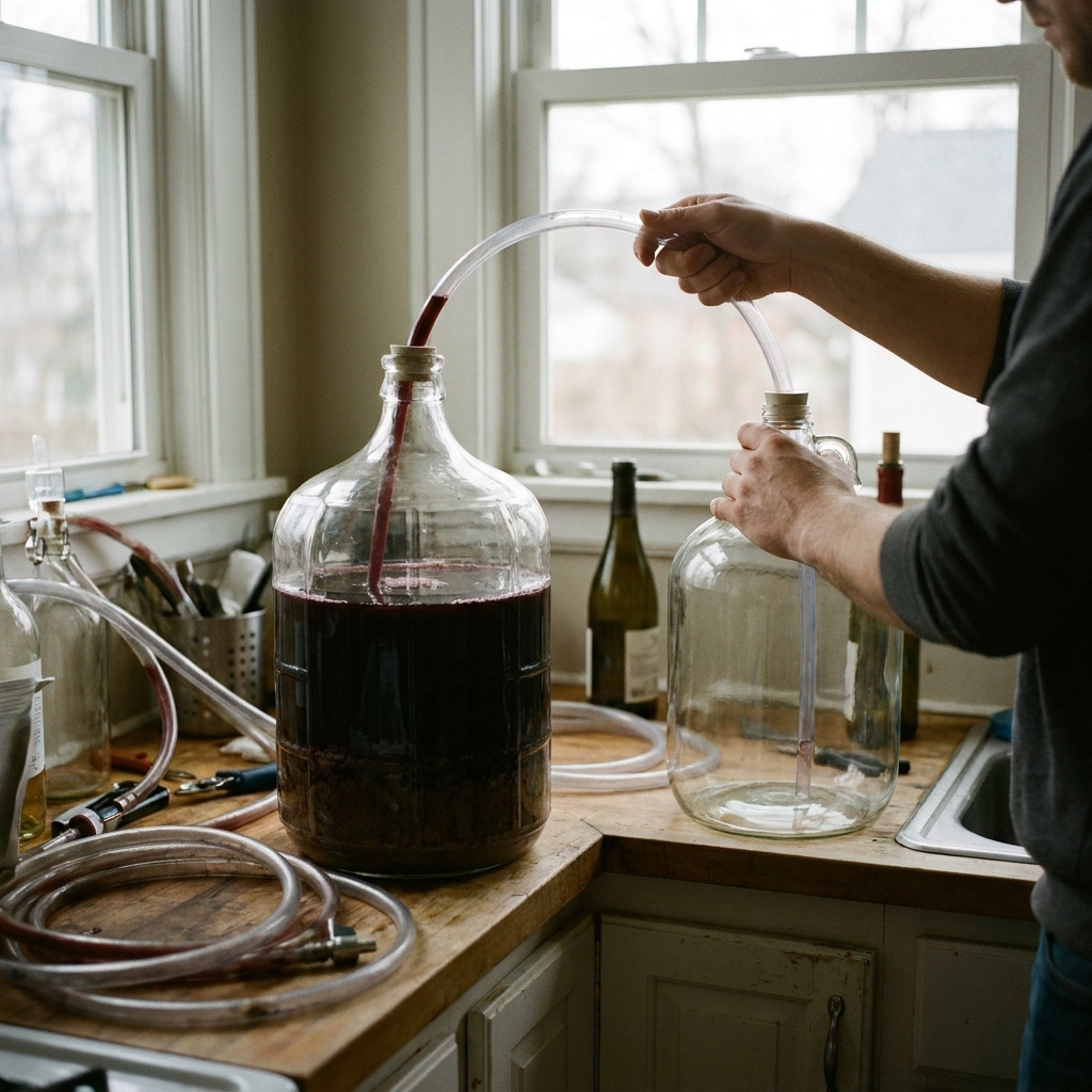 Racking wine from a carboy using an auto-siphon, with dark lees sediment visible at the bottom of the source vessel
