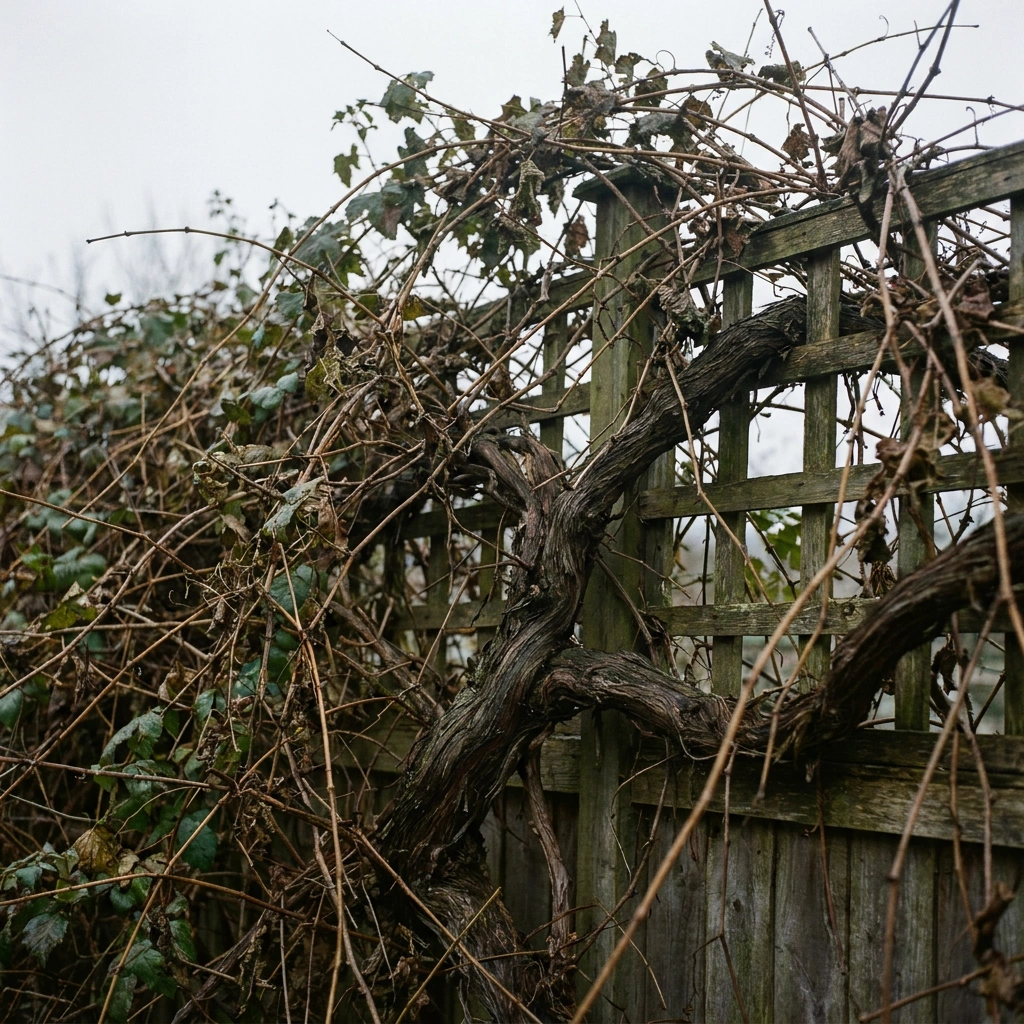 Badly overgrown grape vine tangled on a wooden fence trellis, showing years of neglected growth