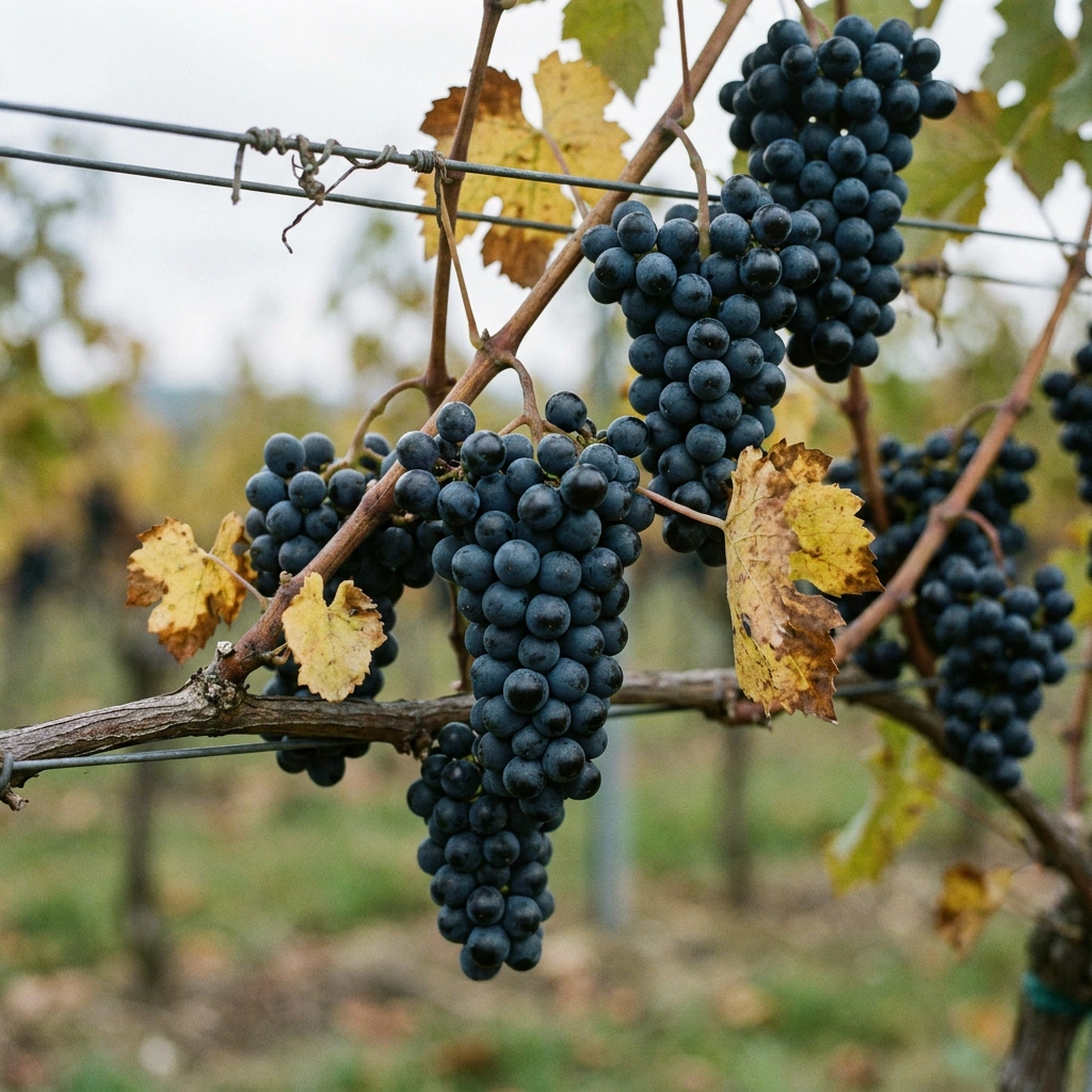 Ripe dark blue-black grape clusters hanging on trellis wire ready for harvest, autumn vineyard