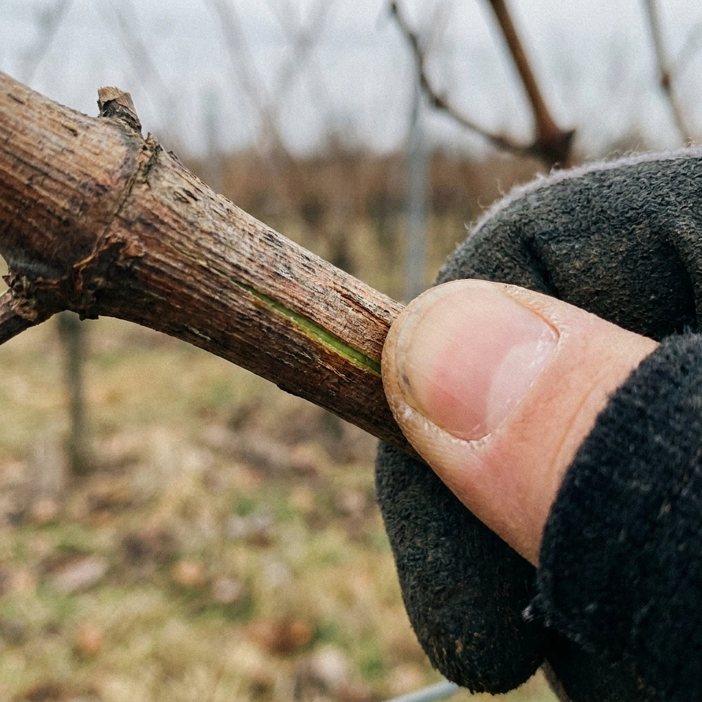 Scratch test on dormant grapevine cane showing green cambium - a sign the vine is still alive after winter