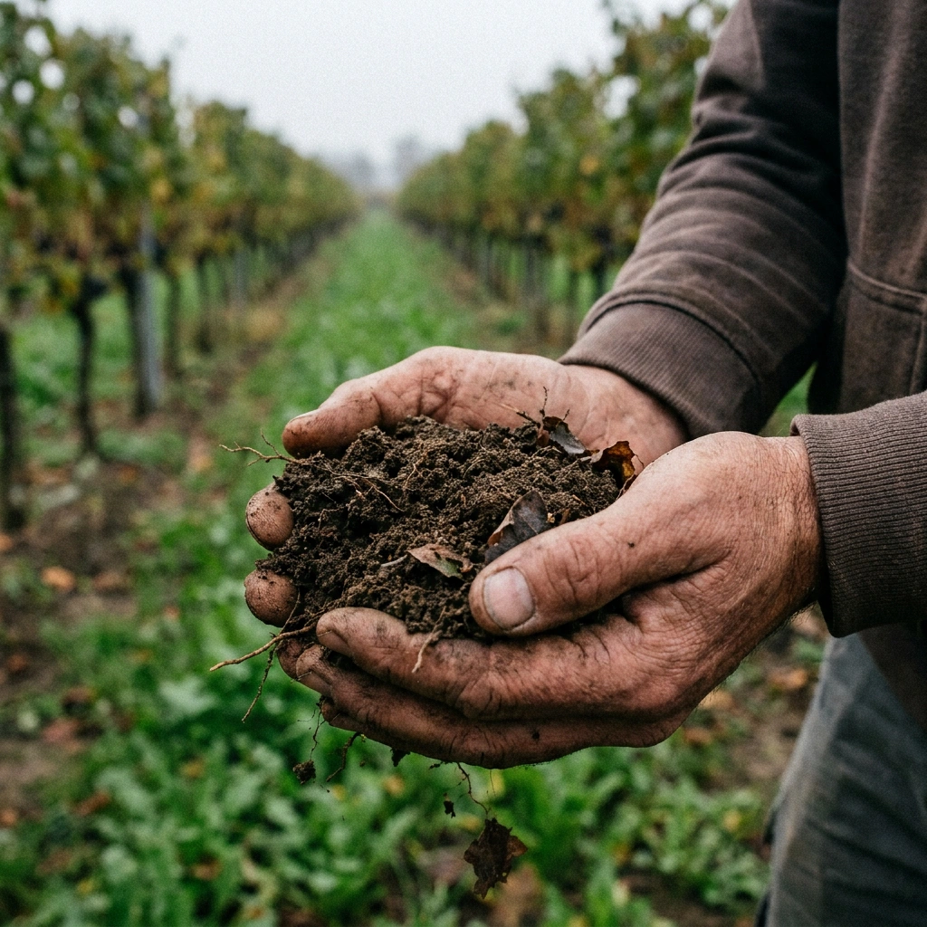 Soil Aeration for Grapevines: How to Fix Compaction and Improve Drainage 1 Gardener holding dark crumbly soil with vineyard rows in the background — good soil aeration for grapevines