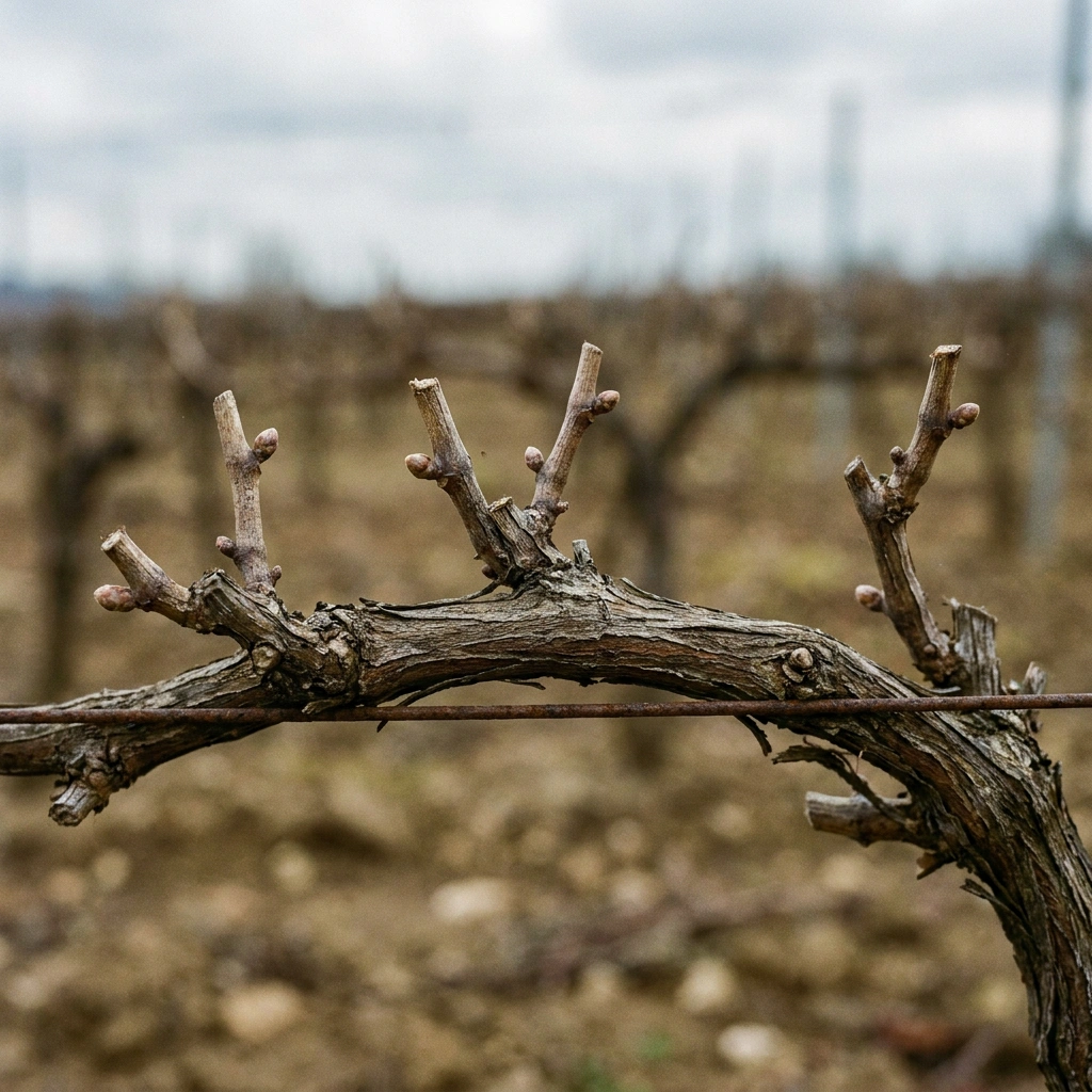 Spur-pruned grape vine cordon showing 2-bud spurs in late winter dormancy