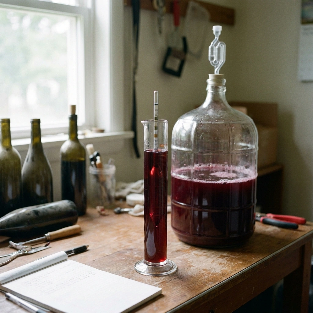 Hydrometer in test cylinder of red wine next to a carboy fermenter — checking for stuck fermentation