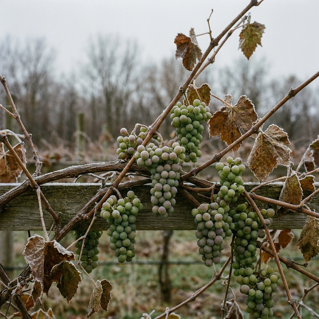 Underripe grape clusters on a frost-covered vine in late autumn, cold-climate vineyard with grey overcast sky