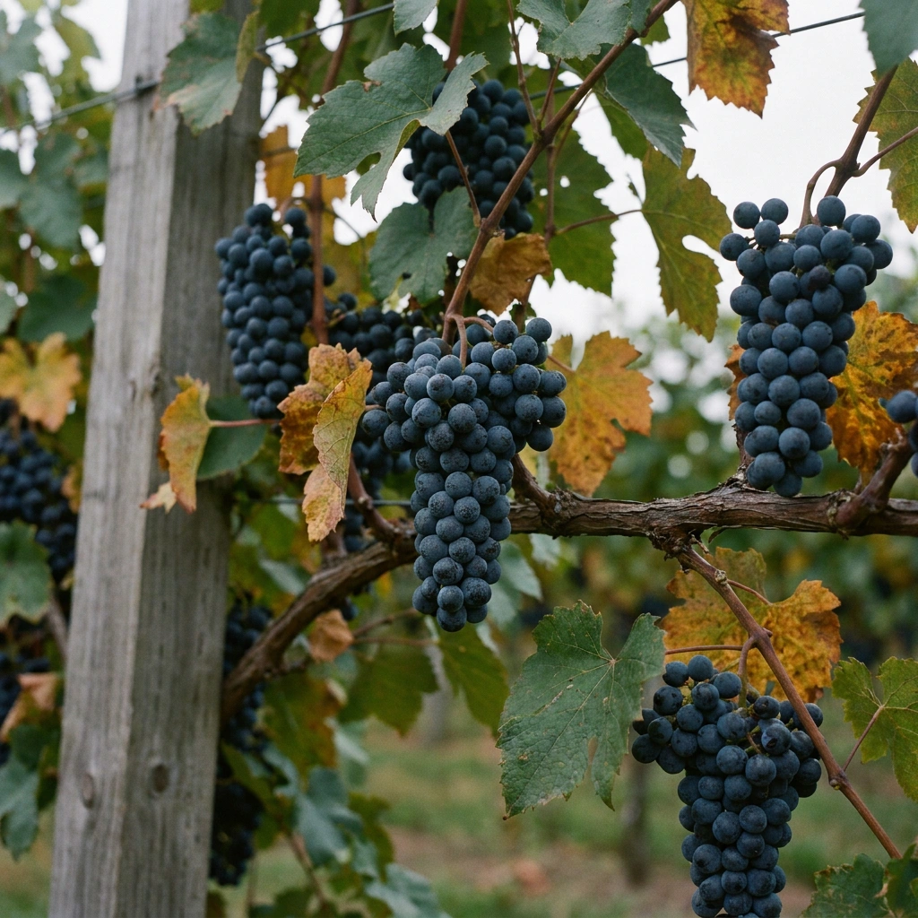 Dark blue Valiant grape clusters hanging on a vine in a northern home garden in late summer