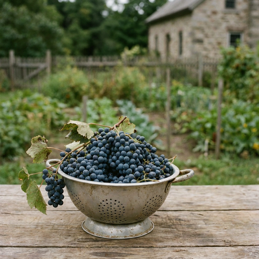Freshly harvested dark blue Valiant grapes in a colander in a northern home garden