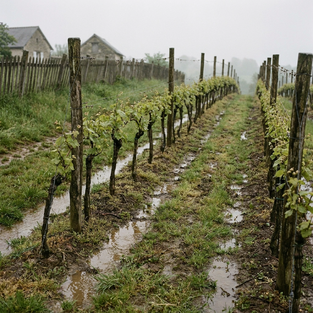 Vineyard Drainage: Why It Makes or Breaks Your Grape Site 3 Grapevine rows on a sloped vineyard after rain, showing water draining away between the rows
