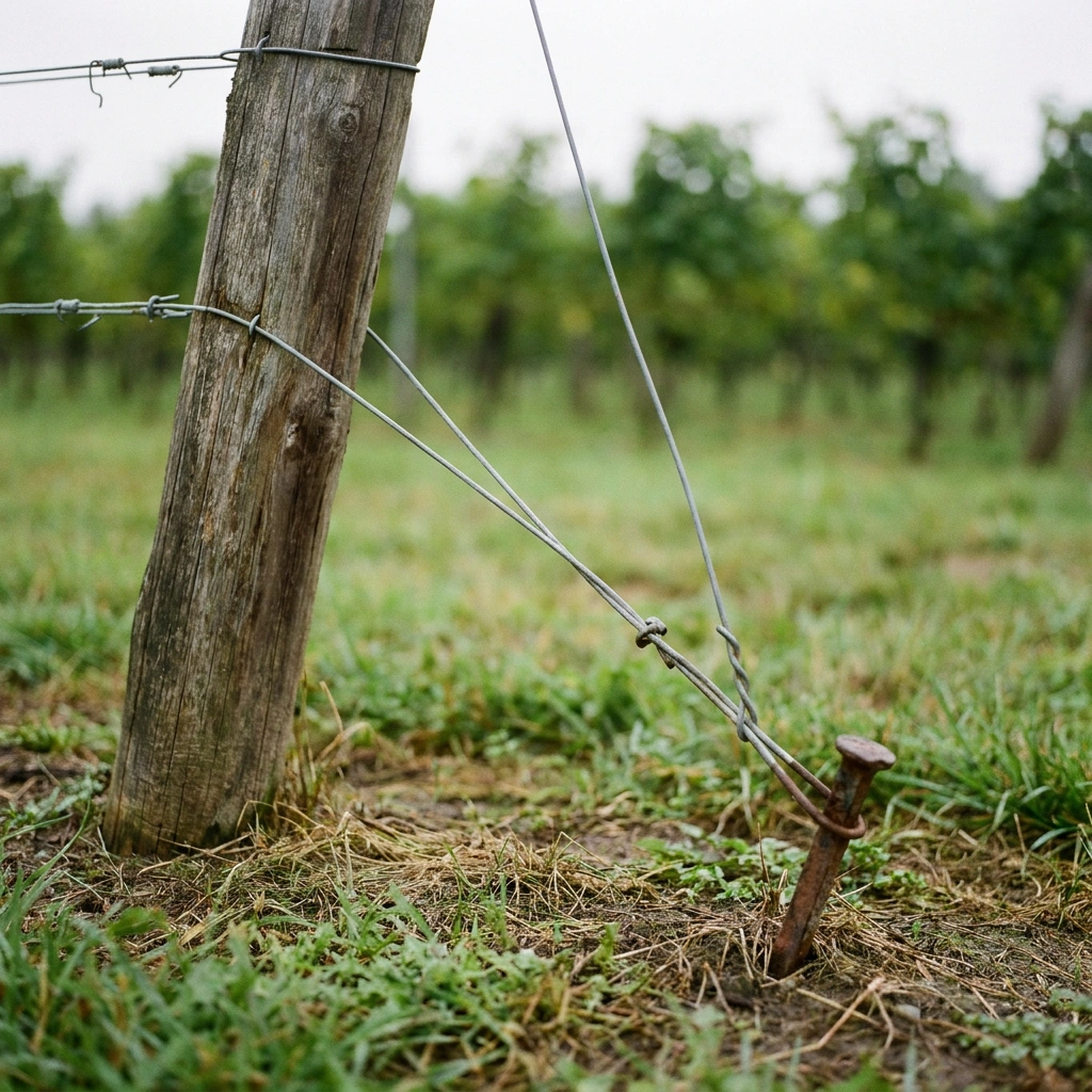 Vineyard end post with diagonal wire anchor brace going into the ground, close detail