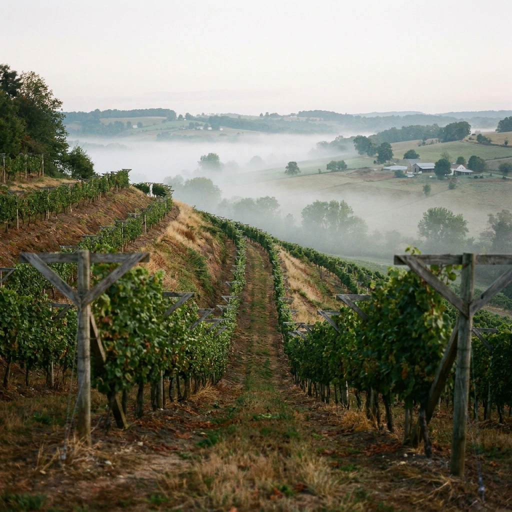 Hillside vineyard showing aspect and air drainage - morning mist in valley below demonstrates cold-air drainage