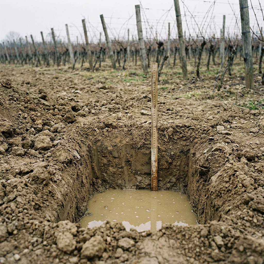 Percolation test hole in bare vineyard soil with measuring stick and pooled water, dormant vines in background