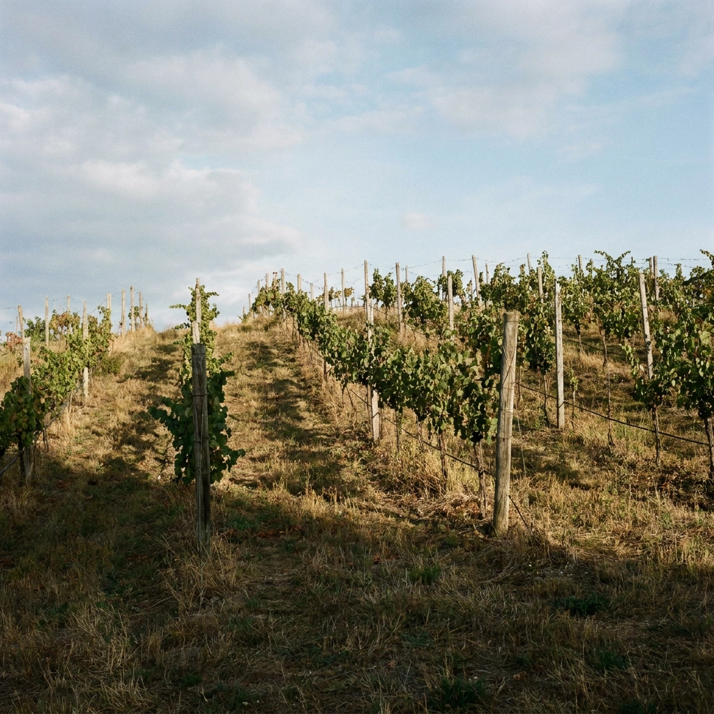 Vineyard Site Selection: How to Pick the Best Spot for Cold-Climate Grapes 4 South-facing vineyard slope with trellised grapevines - ideal site selection for cold-climate grapes