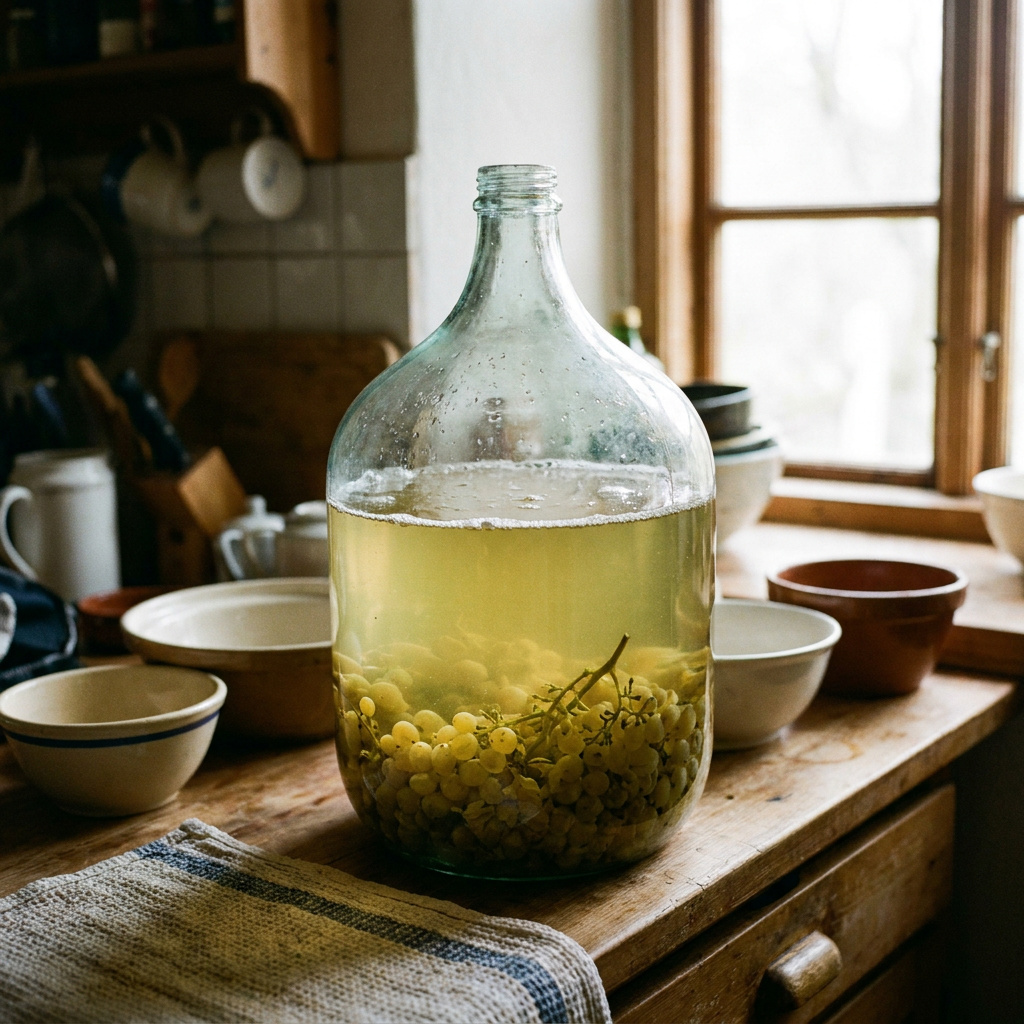 White grapes fermenting on their skins in a home winemaking bucket, amber must visible with floating skin cap during orange wine fermentation