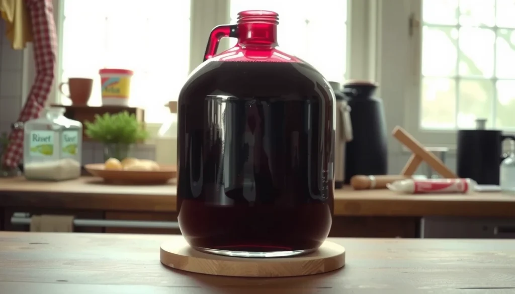 Best Wine Making Kits for Beginners (2026): A Home Grower’s Picks 1 Glass carboy of fermenting red wine with airlock on a kitchen counter - home winemaking setup