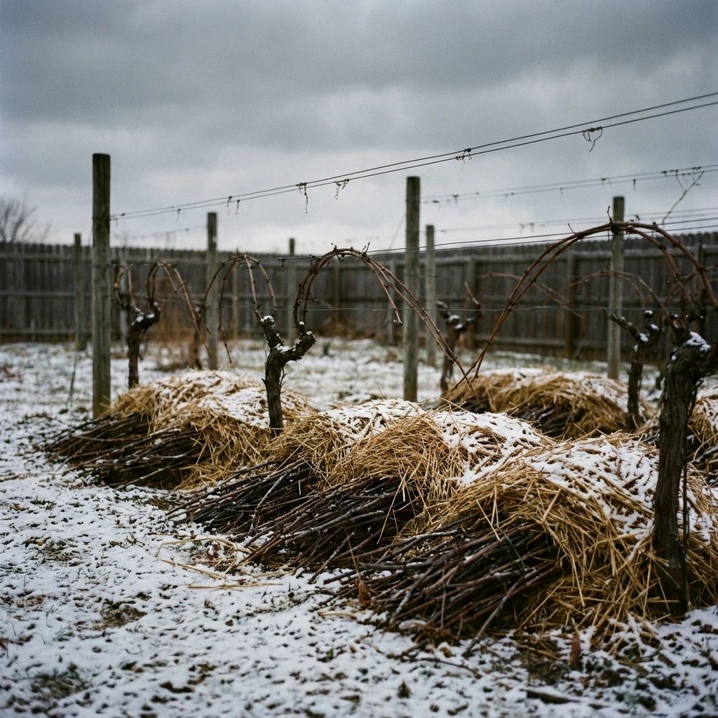 Dormant grape vines with straw mulch mounds under light snow in a cold-climate backyard vineyard in winter