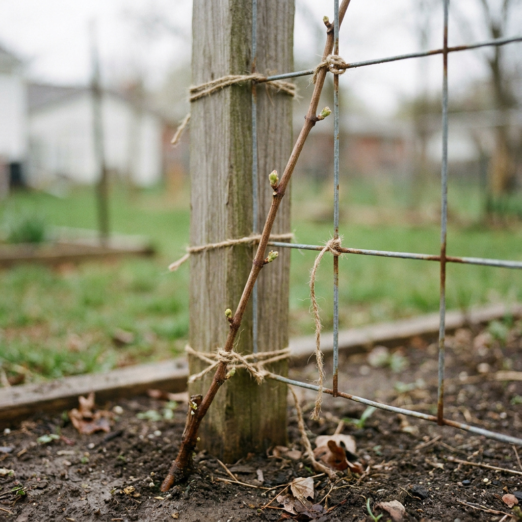 How to Grow Grapes in Your Backyard: A Complete Beginner's Guide 2 Young grapevine cane tied with twine to wooden trellis post in early spring, buds just starting to open