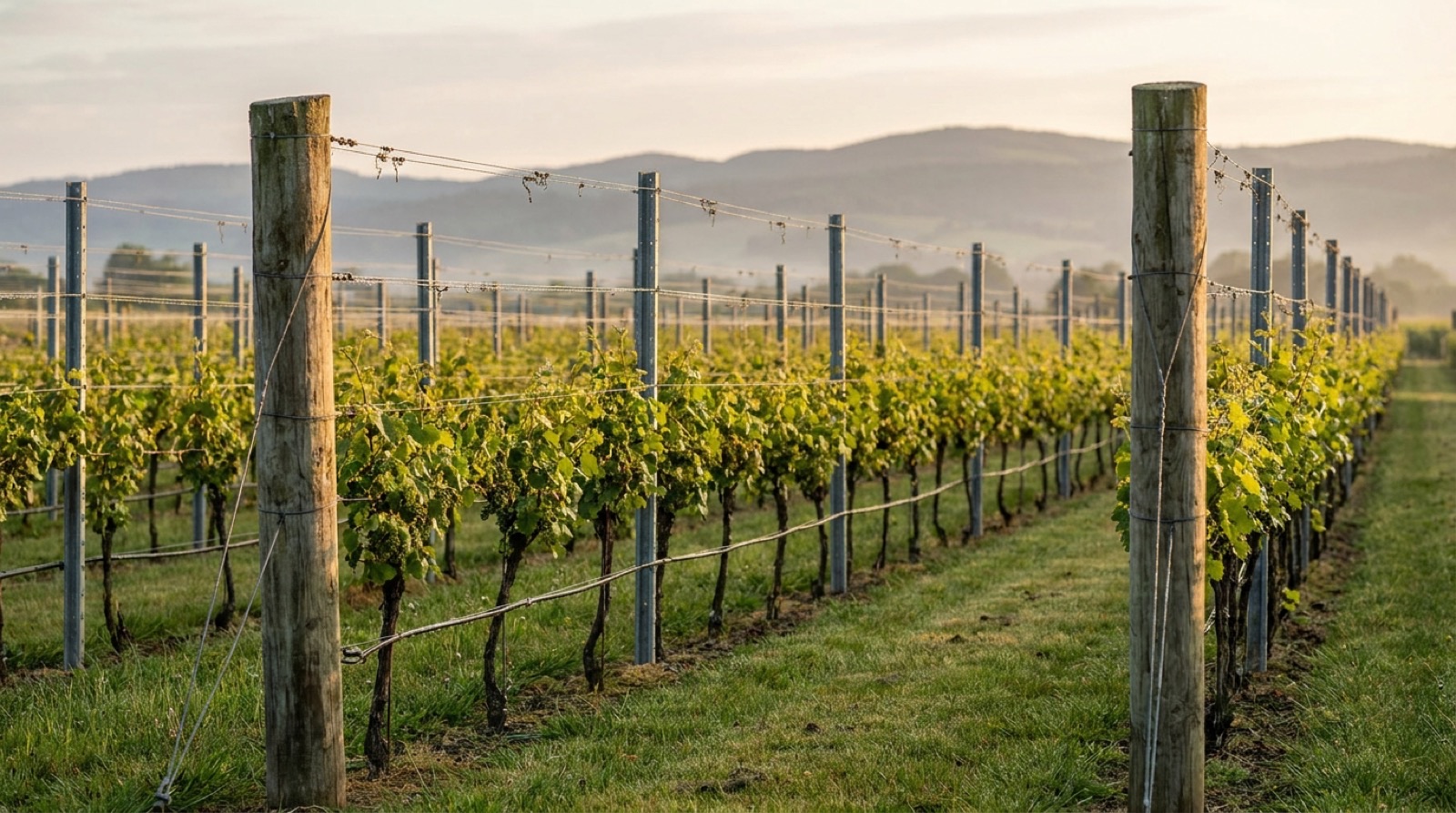 Trellis Tools & Materials: The Gear That Builds a Vineyard Trellis 1 A cold-climate vineyard trellis row with wooden end posts, steel line posts and taut training wires