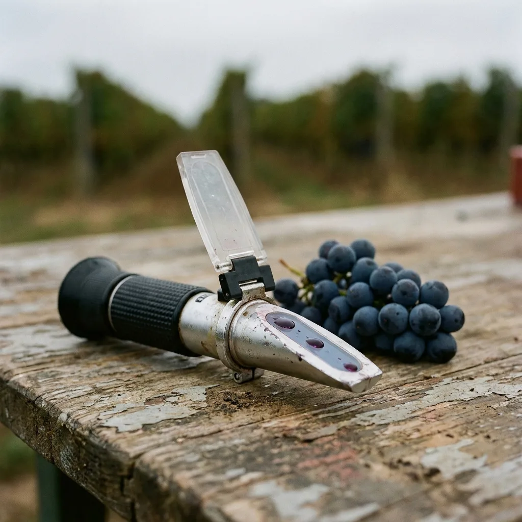 Handheld Brix refractometer with its daylight plate open and drops of dark grape juice on the prism