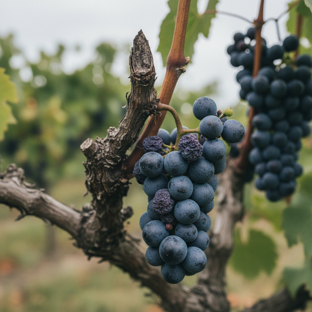 Grape cluster on the vine with shriveled purple berries concentrated near the stem attachment while the rest of the cluster and a neighboring cluster look healthy