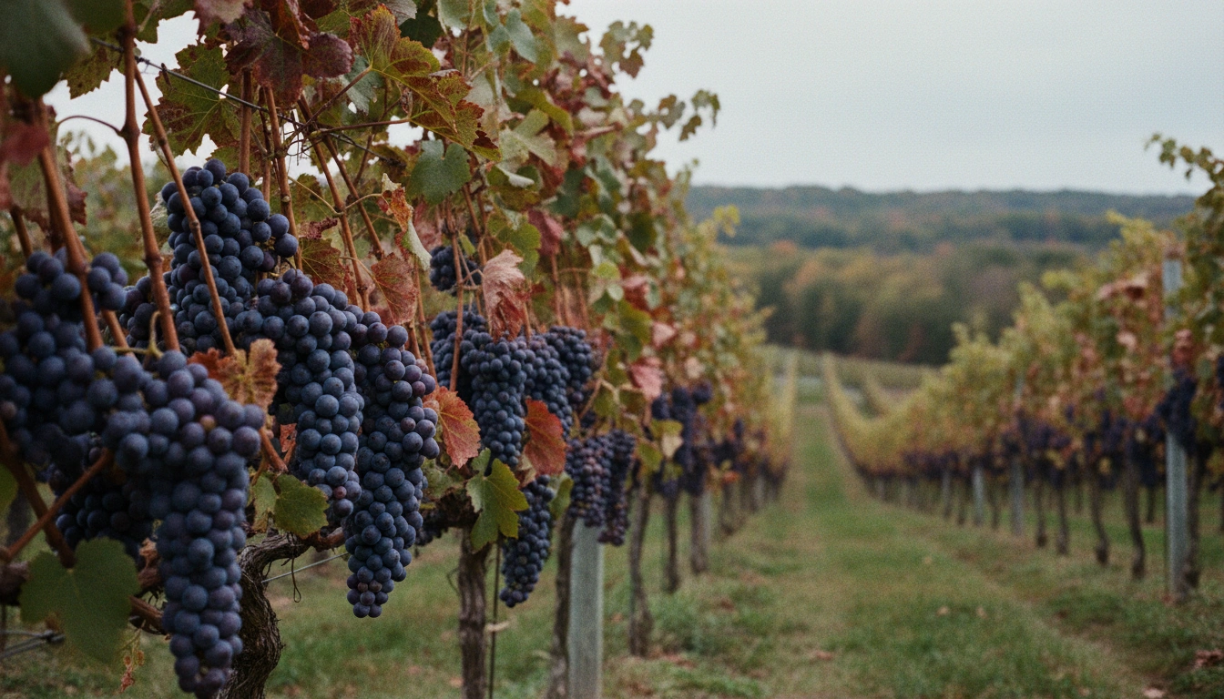 Fully colored cold-hardy hybrid grape clusters on the vine in an overcast cold-climate vineyard, still not yet at ripe Brix