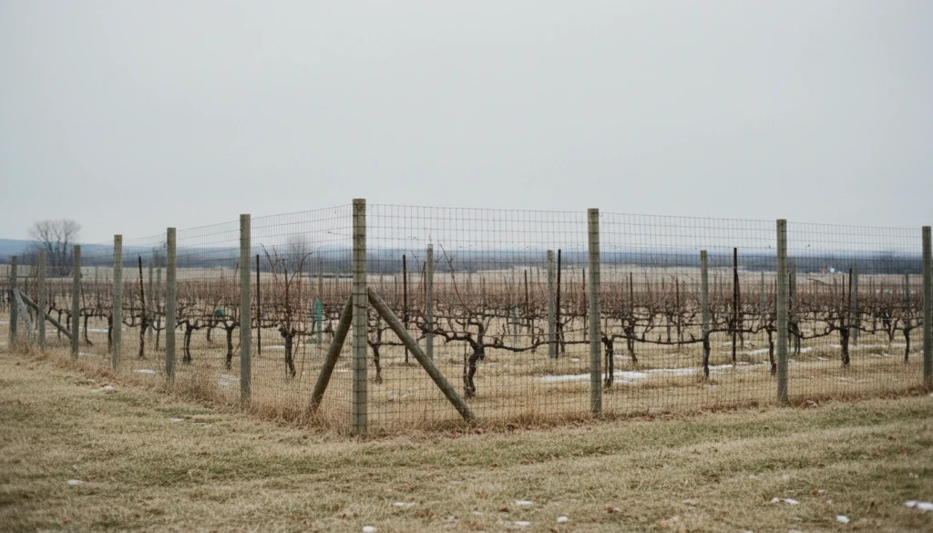 Tall woven-wire deer exclusion fence around a dormant home vineyard on an overcast day