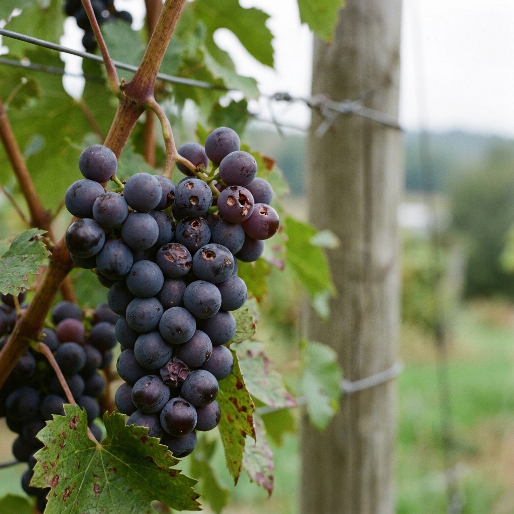 Cluster of ripening dark grapes on the vine with small puncture wounds from bird peck damage