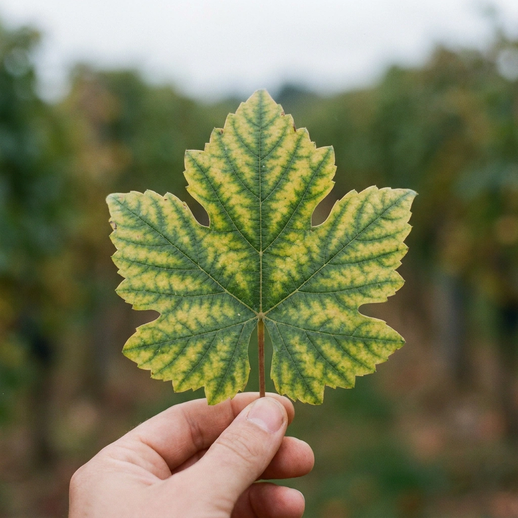 Grape leaf held up showing interveinal chlorosis, yellow tissue between the veins while the veins stay green, a sign of iron deficiency