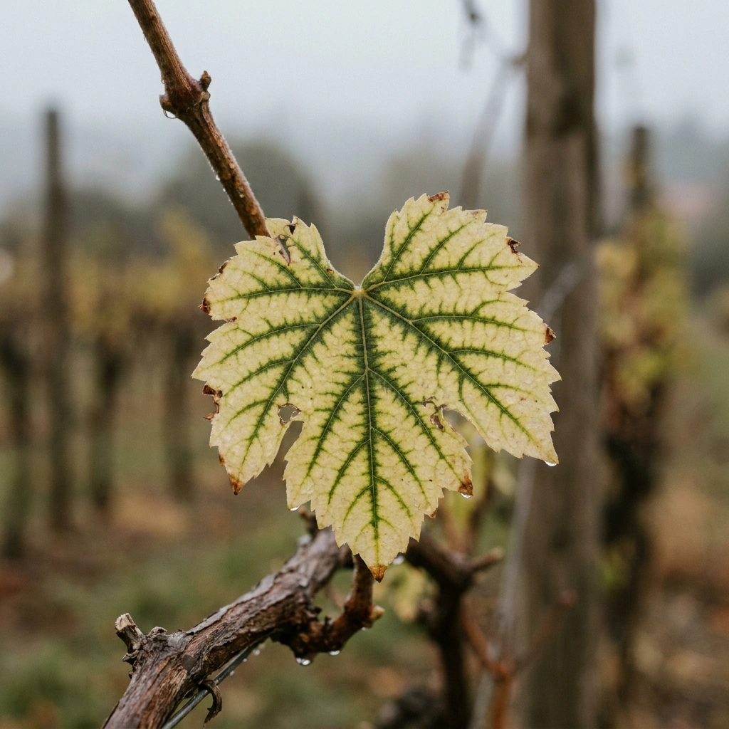 Grape vine leaf with interveinal chlorosis, pale yellow tissue between dark green veins, a classic iron deficiency pattern