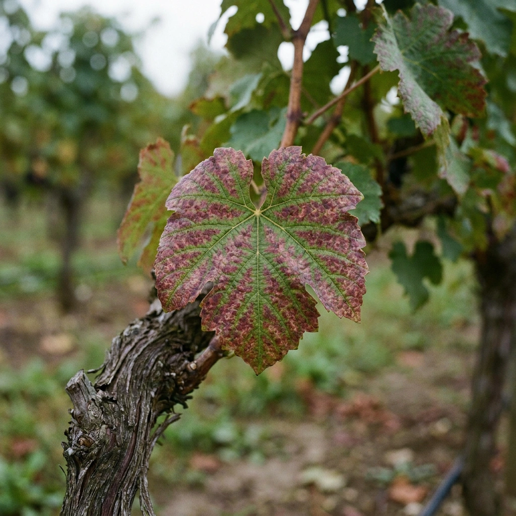 Close-up of a grape leaf showing red discoloration between the veins while the main veins stay green